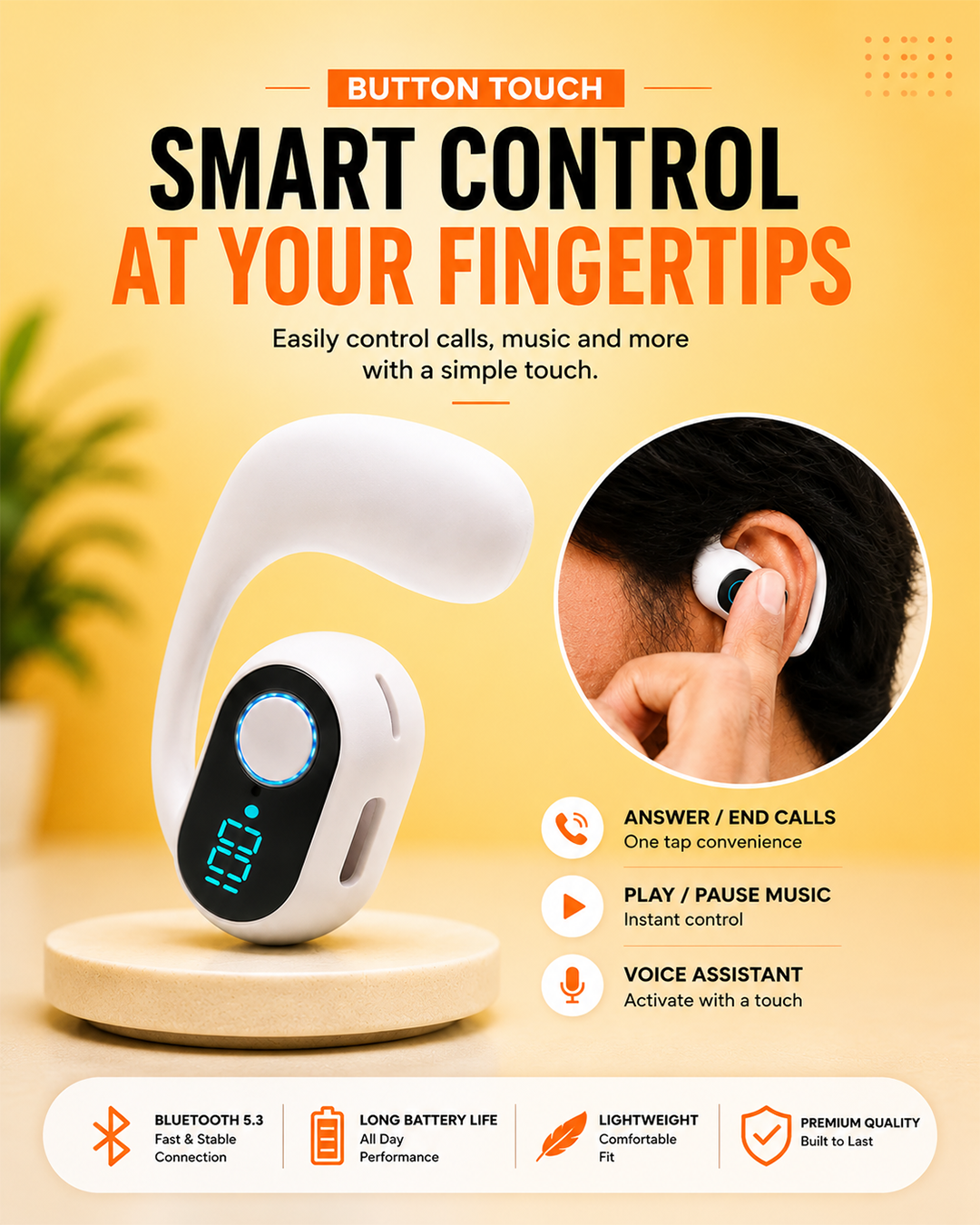 Clip-On Wireless Bluetooth Calling Earphone with LED Display (WSBD)