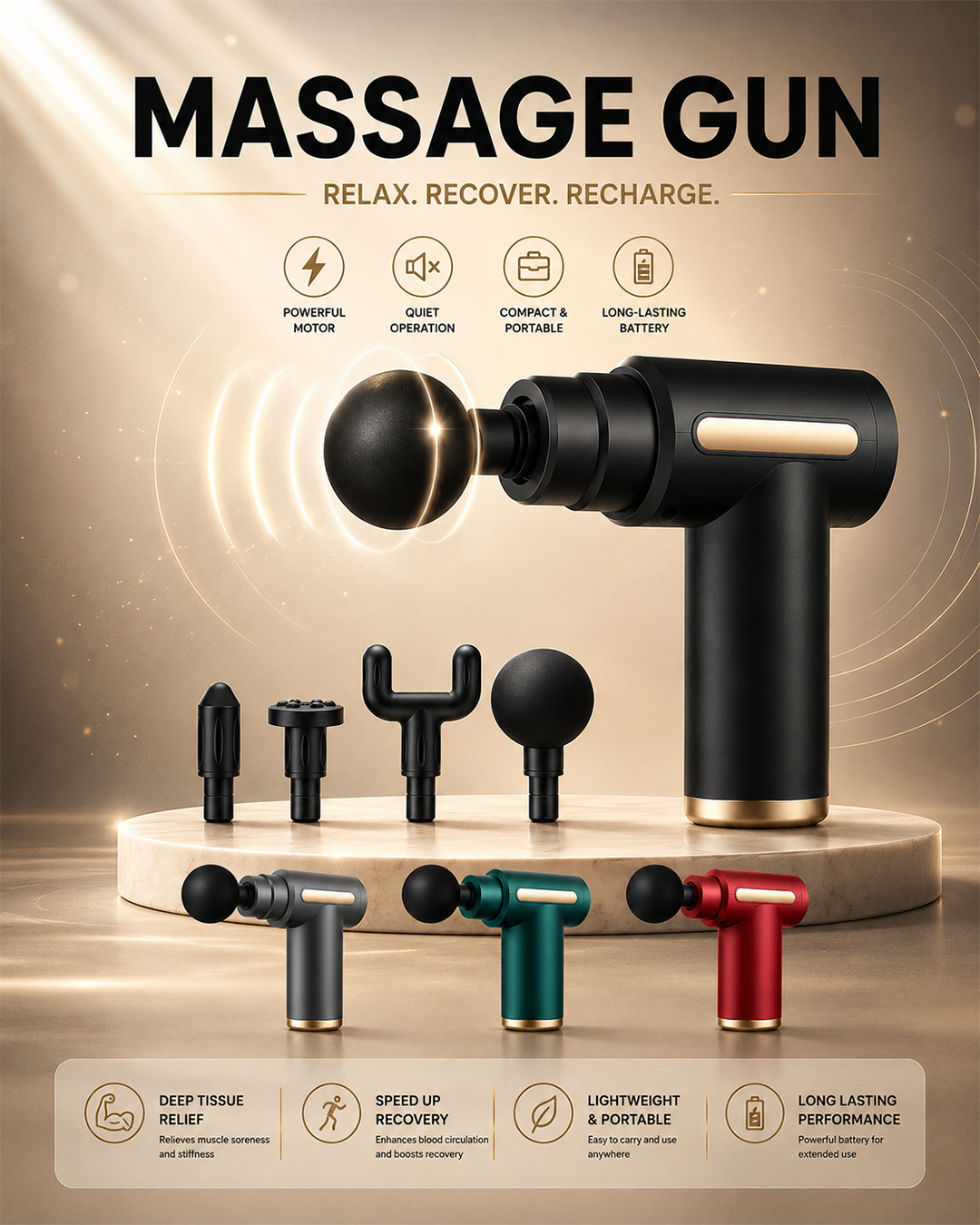 Deep Tissue Relaxation Gun Massager with 4 Massage Heads | Portable & Rechargeable