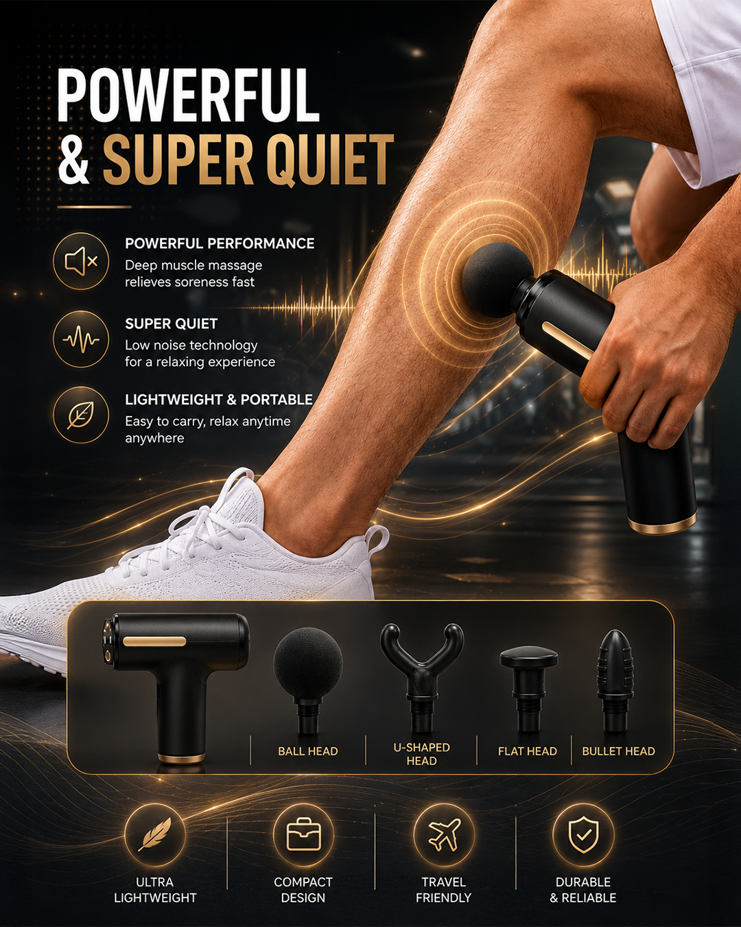 Deep Tissue Relaxation Gun Massager with 4 Massage Heads | Portable & Rechargeable