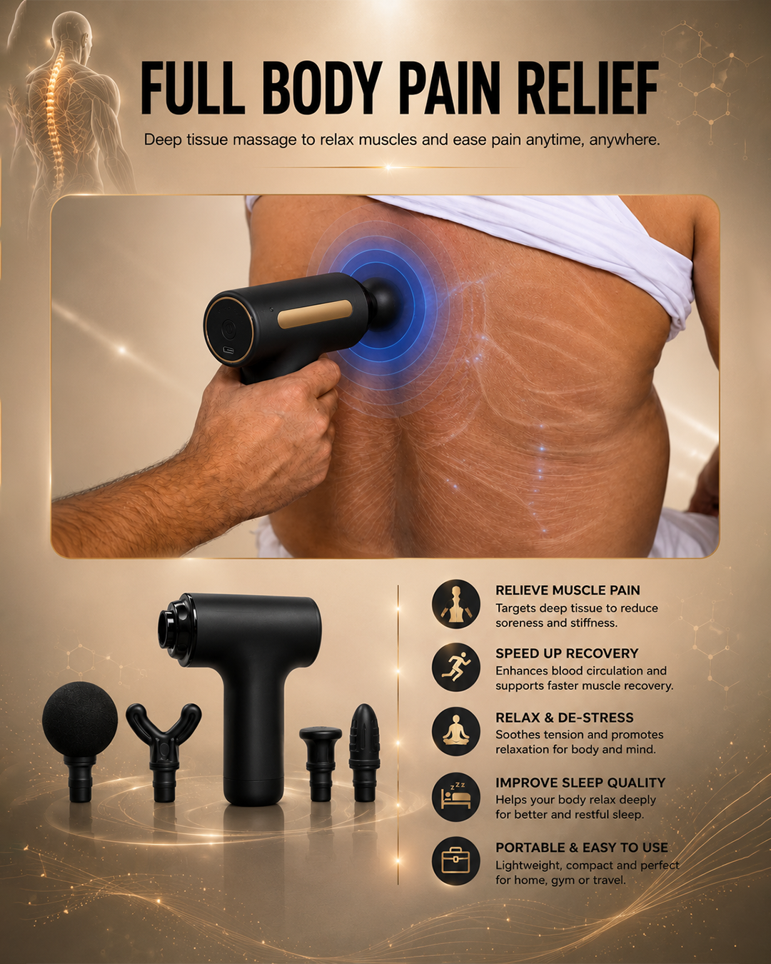 Deep Tissue Relaxation Gun Massager with 4 Massage Heads | Portable & Rechargeable