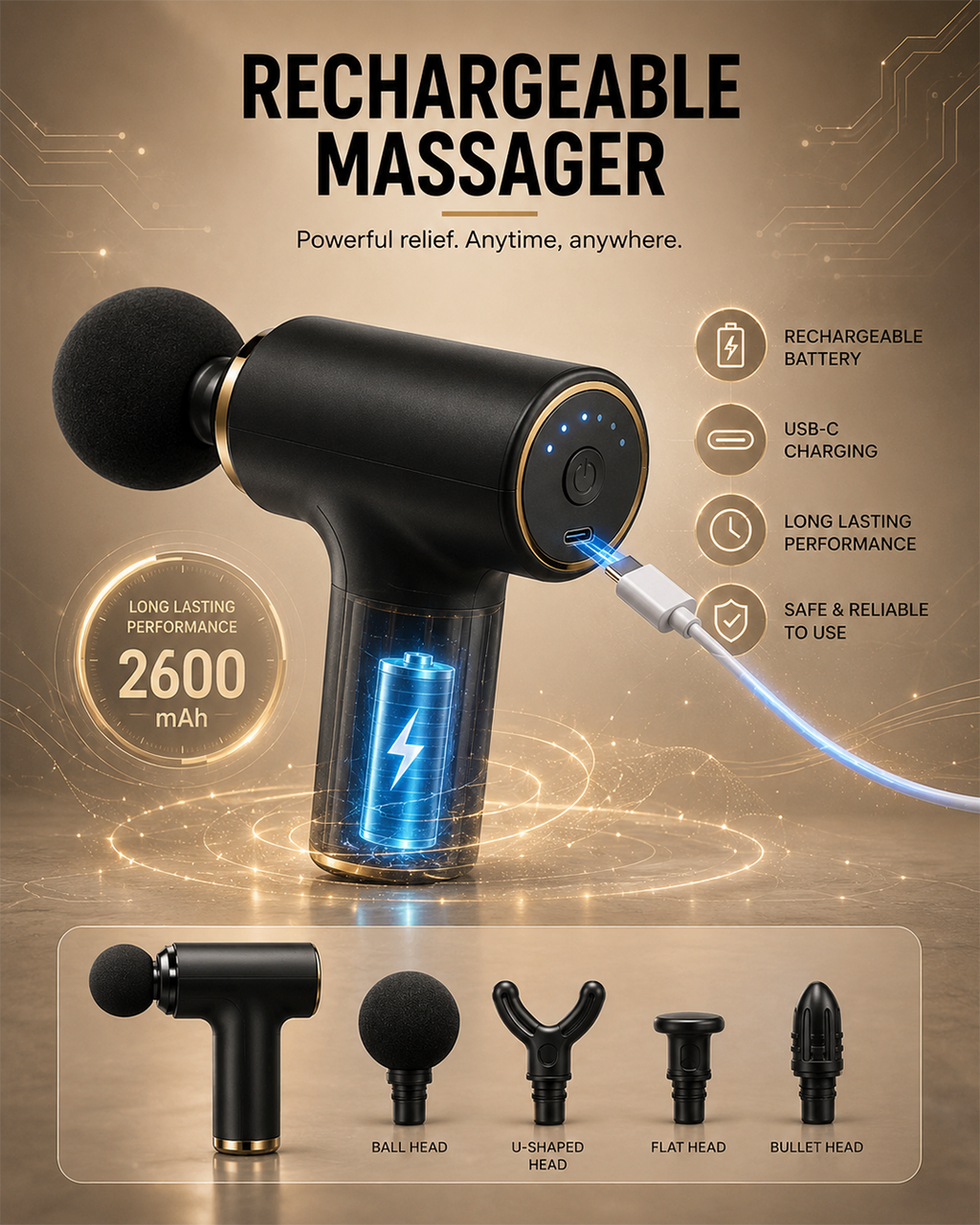 Deep Tissue Relaxation Gun Massager with 4 Massage Heads | Portable & Rechargeable