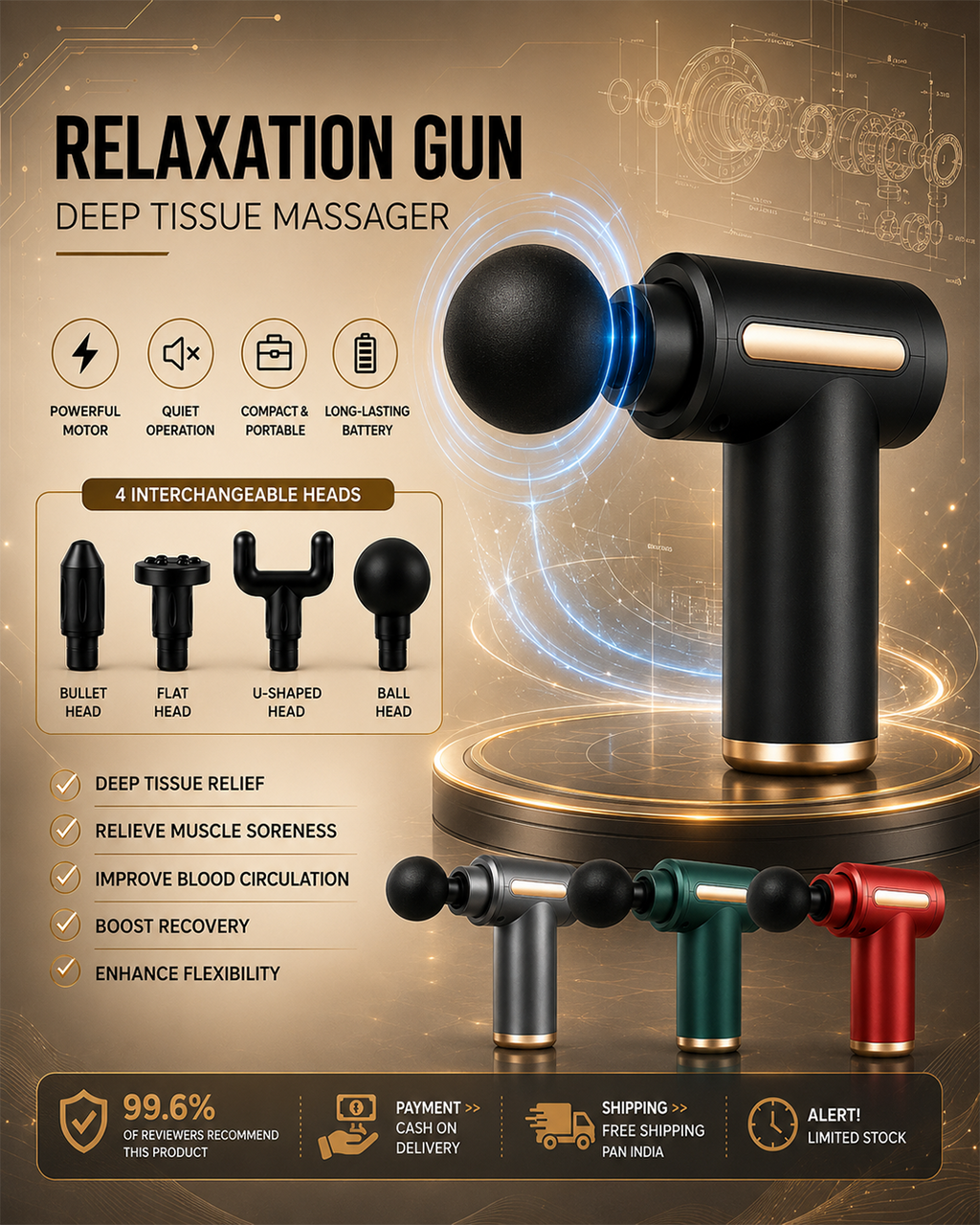 Deep Tissue Relaxation Gun Massager with 4 Massage Heads | Portable & Rechargeable