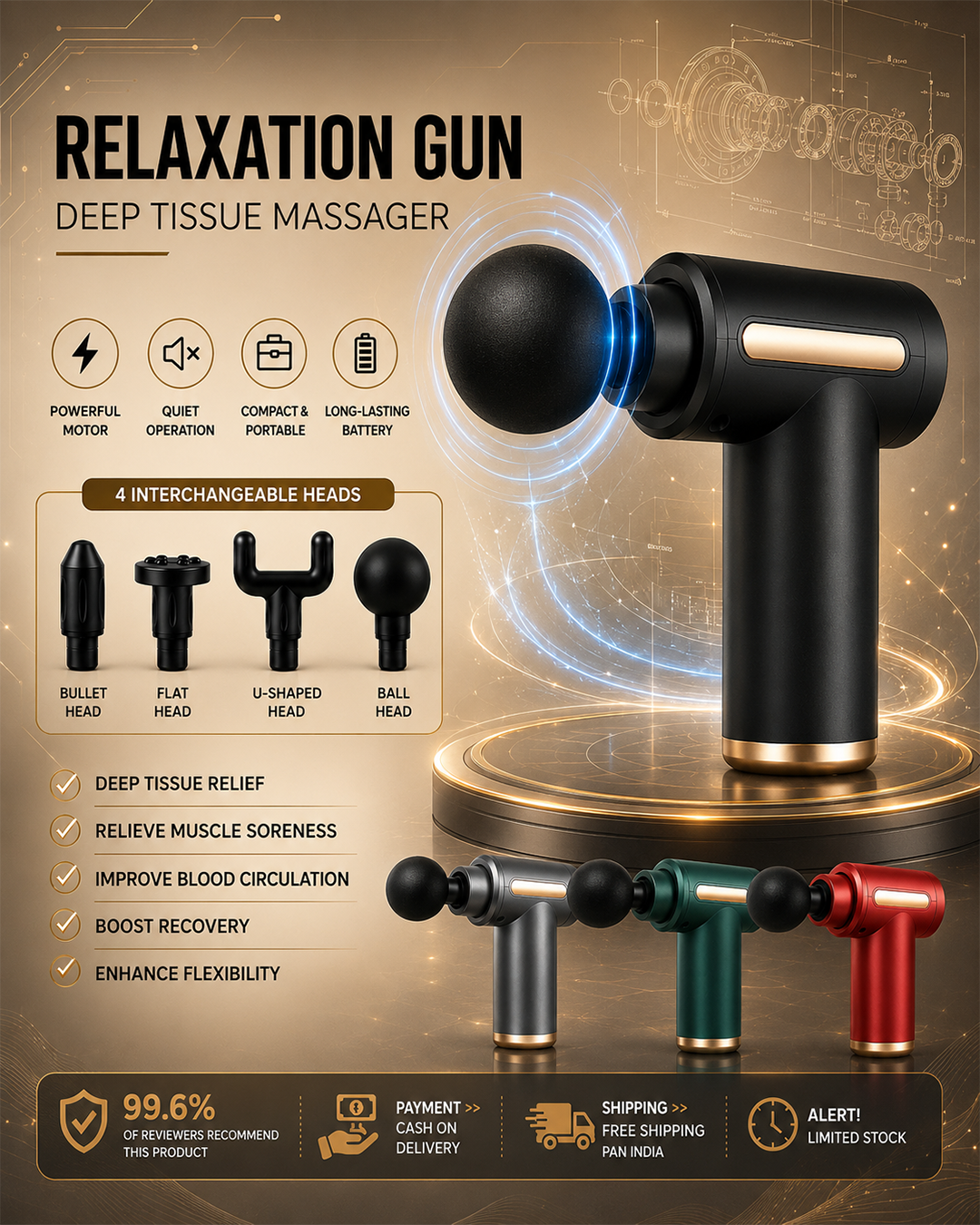 Deep Tissue Relaxation Gun Massager with 4 Massage Heads | Portable & Rechargeable