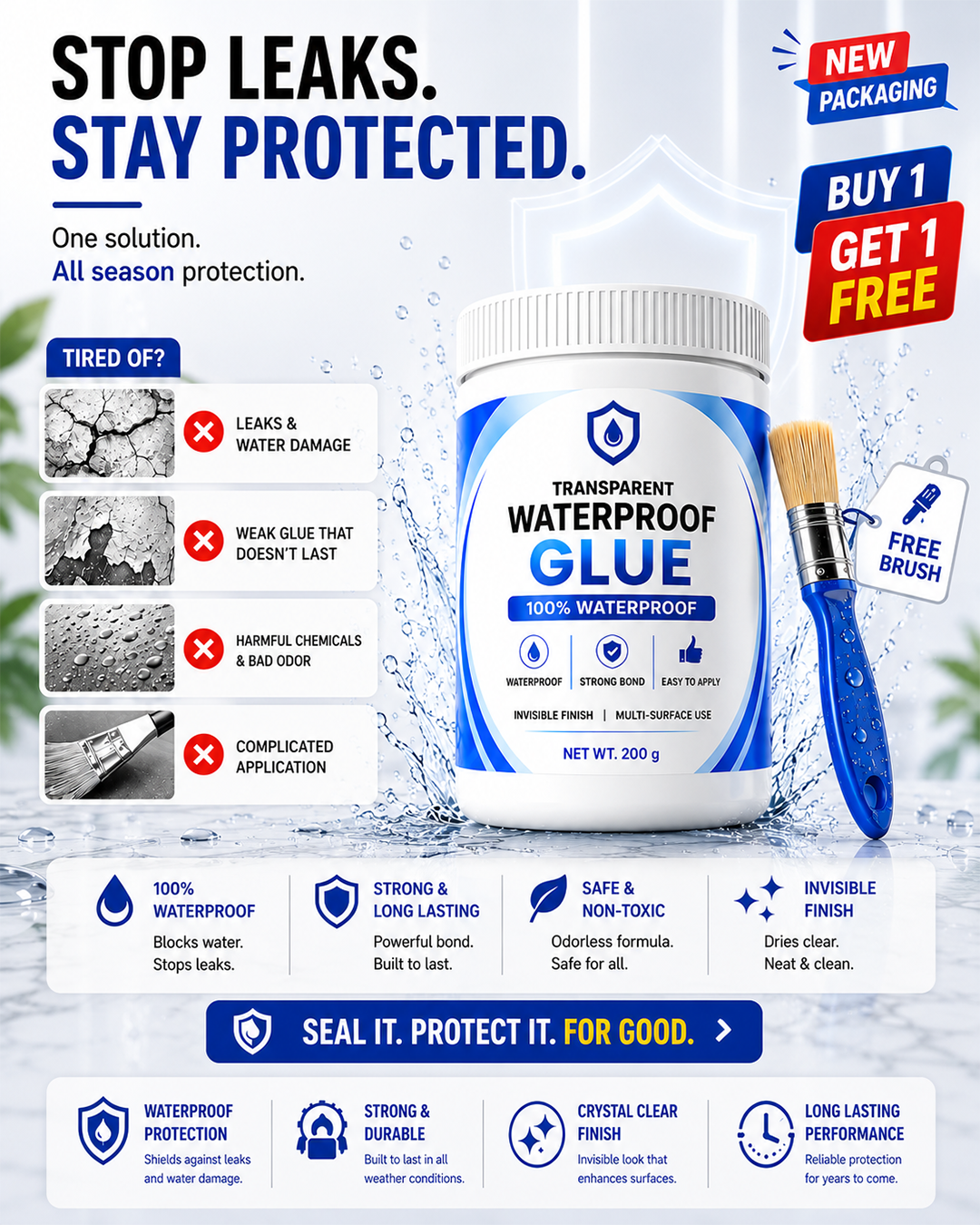 Transparent 100% Waterproof Glue with Free Brush [BUY 1 GET 1 FREE]
