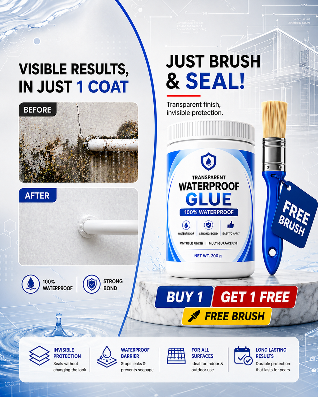 Transparent 100% Waterproof Glue with Free Brush [BUY 1 GET 1 FREE]