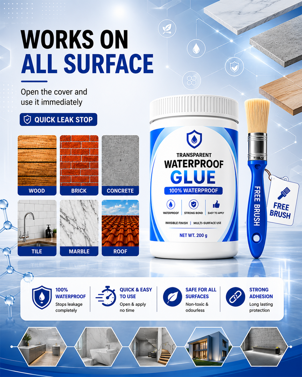 Transparent 100% Waterproof Glue with Free Brush [BUY 1 GET 1 FREE]