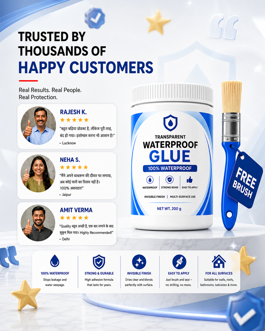 Transparent 100% Waterproof Glue with Free Brush [BUY 1 GET 1 FREE]